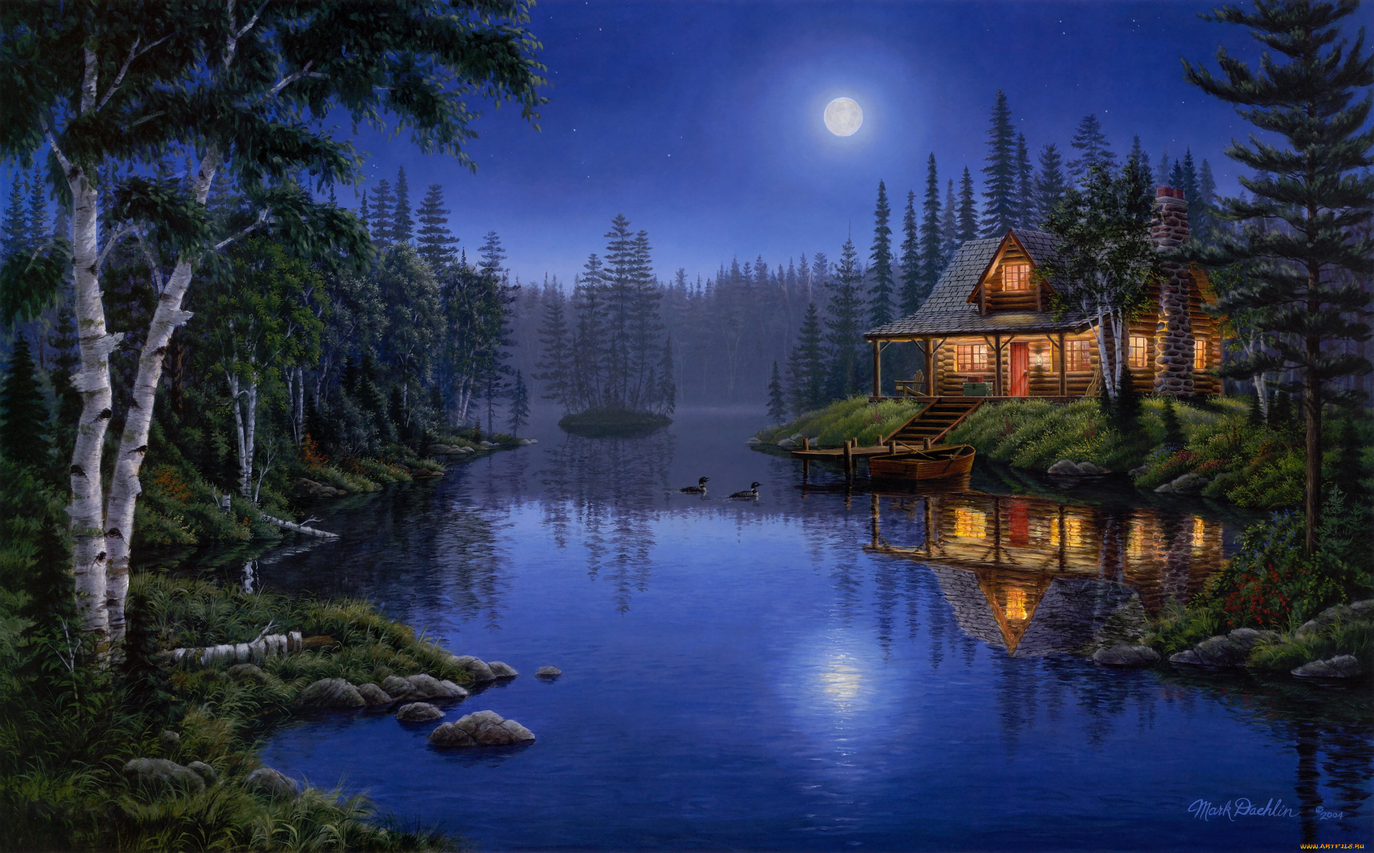 moonlight, serenade, , mark, daehlin, lake, house, night, forest, painting, ducks